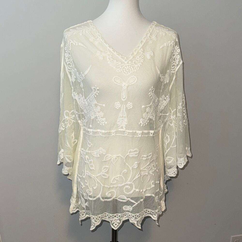 Cupshe White Boho Lace Sheer Cotton Beach Coverup Top NWT Womens Small